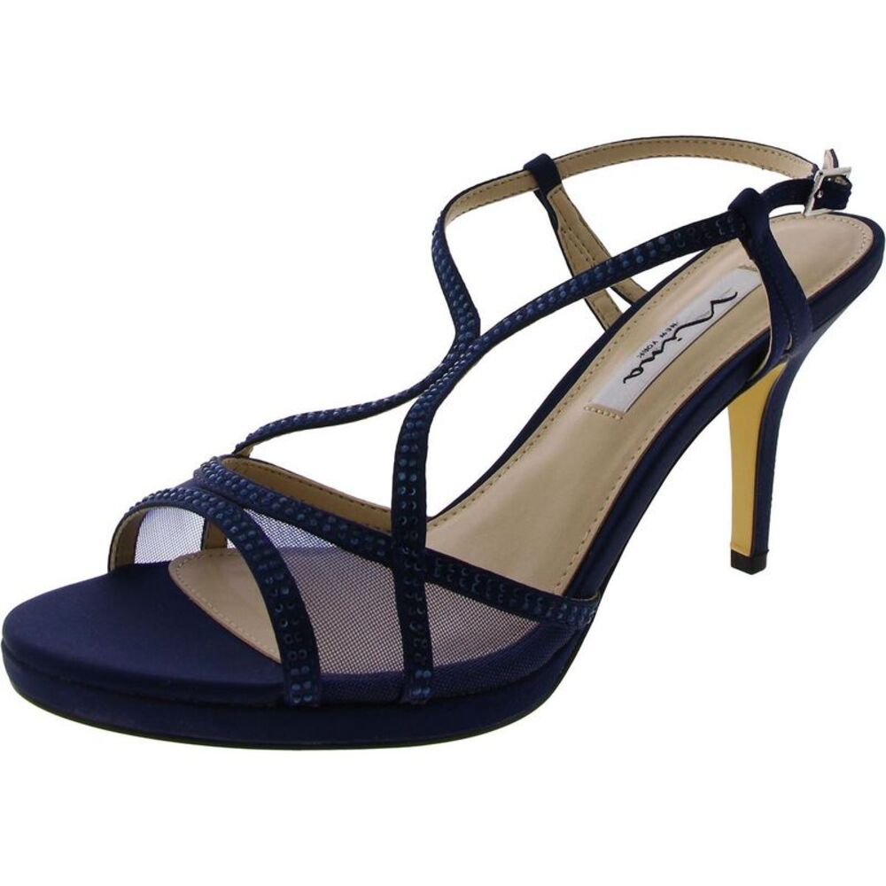 Nina Womens Blossom Navy Satin Rhinestone Slingback Evening Heels Shoes NWT